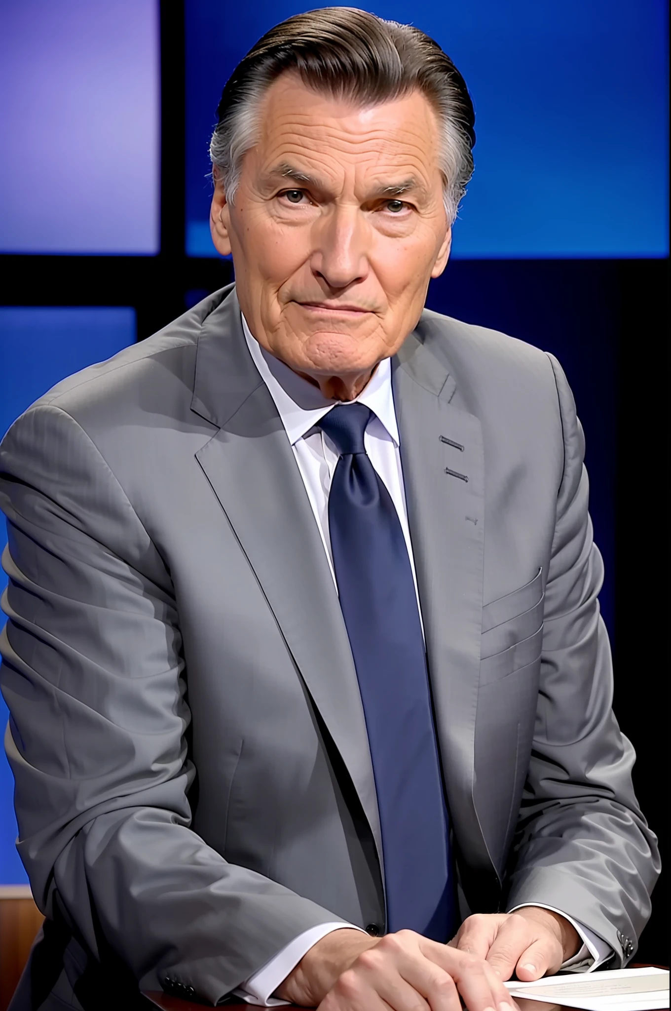 The 4K image shows a close-up of the well-defined face of Jack Palance, a renowned actor and television presenter. He's in a TV studio, hosting a show about trivia. Jack Palance is elegantly dressed in a tailored suit and a flawless tie. His face is striking, with distinct facial lines and a serious, concentrated expression. Jack Palance's eyes are bright and convey a mixture of curiosity and knowledge. His posture is upright, reflecting his confidence as a presenter. In the background, you can see elements of the show's scenery, such as shelves with curious objects or a screen panel displaying intriguing images. The lighting is carefully adjusted to highlight the details of Jack Palance's face, creating a captivating atmosphere for the trivia TV show he's presenting.