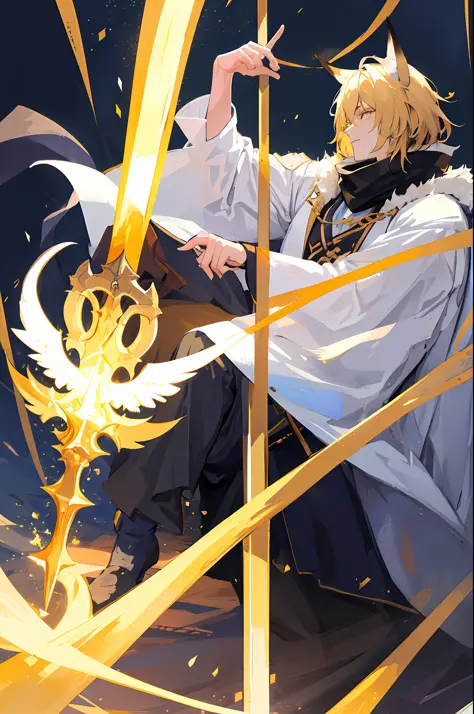 A handsome boy, close-up of a man holding a sword and a sword, blonde hair, a yellow triangle scarf around his neck, a black sha...