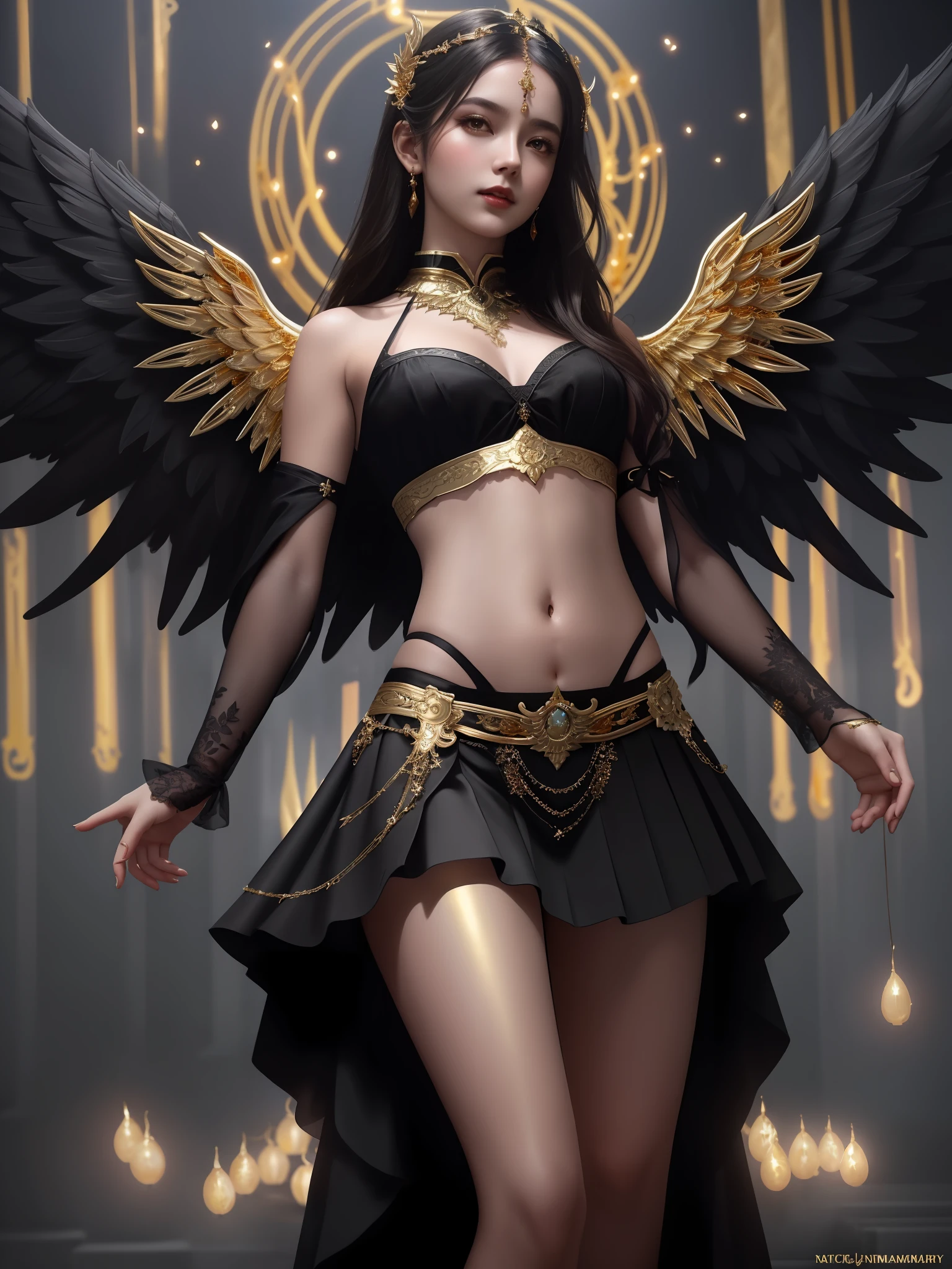 modelshoot style, the most beautiful artwork in the world featuring a (gothic angel cute woman in skirt:1.2), ((navel :1.5)), (( gold and black dress:1.2)) cute pose infront of a gorgeous glowing (temple:1.2) full of fireflies flying around, large detailed wings, (dark force:1.3), 35mm lens, f/1.8, 8K, clear facial features, (cinematic action scene:1.2), accent lighting,good lighting on skin, global illuminatio, trending on ArtStation, trending on CGSociety, Intricate, High Detail, Sharp focus, (dramatic:1.1), photorealistic painting art by midjourney and greg rutkowski