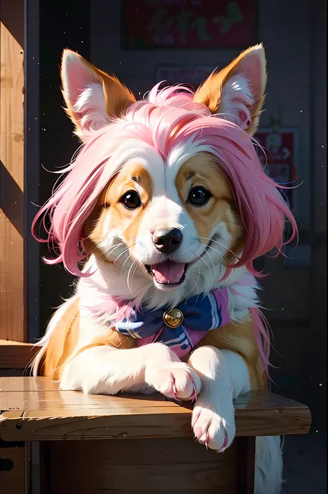 there is a dog with pink hair sitting on a bench, kawaii realistic portrait, adorable digital painting, high quality portrait, cute portrait, cute detailed digital art, furry character portrait, painted in anime painter studio, cute corgi, painting of cute...