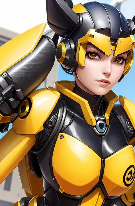 araffe woman in a yellow and black costume with a helmet on, as overwatch character, girl in mecha cyber armor, senna from leagu...