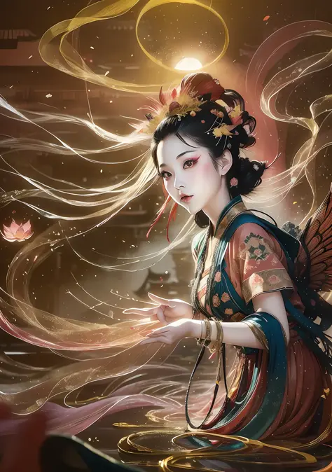 chinese ink, (masterpiece, best quality: 1.2), a girl with phoenix wings standing in a ring of fire, with glowing red eyes, phoe...