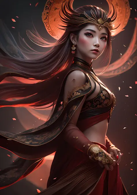 chinese ink, (masterpiece, best quality: 1.2), a girl with phoenix wings standing in a ring of fire, with glowing red eyes, phoe...