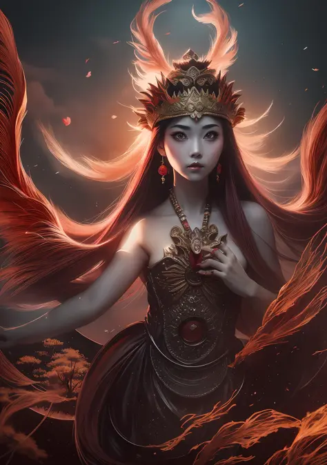 chinese ink, (masterpiece, best quality: 1.2), a girl with phoenix wings standing in a ring of fire, with glowing red eyes, phoe...