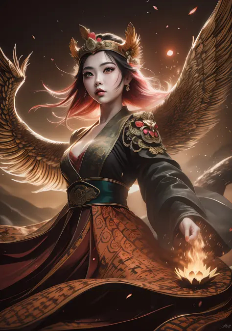 chinese ink, (masterpiece, best quality: 1.2), a girl with phoenix wings standing in a ring of fire, with glowing red eyes, phoe...