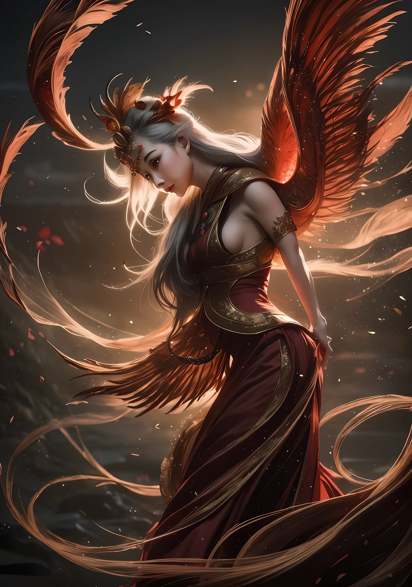 (Masterpiece, best quality: 1.2), a girl with phoenix wings standing in a ring of fire, with glowing red eyes, phoenix, lotus flowers, red gold pink, sunrise from mountain at the background, old china buildings