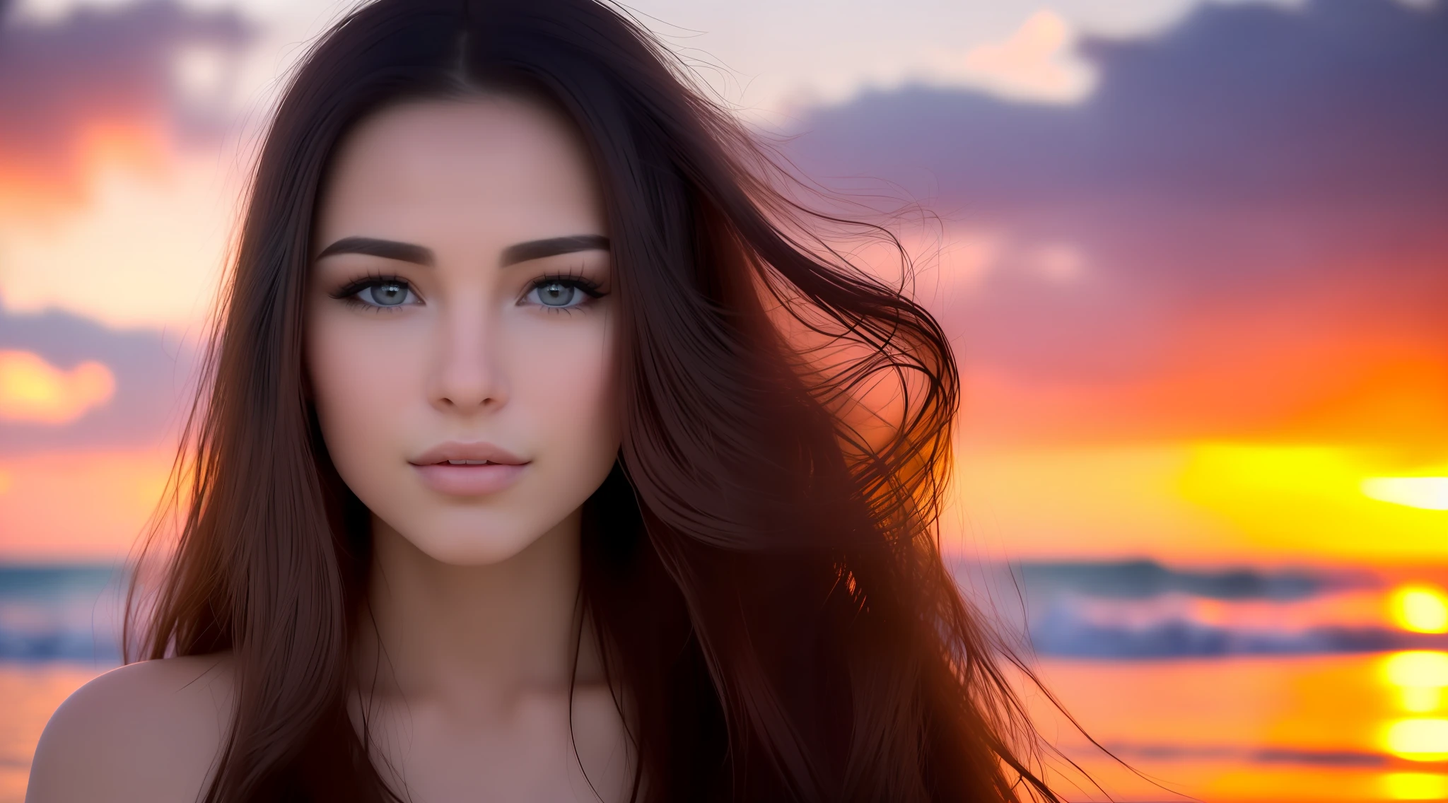 Close up portrait of woman in ponytail with long hair on the beach, very beautiful face, soft portrait shot 8k, intense expression 4K, gorgeous attractive face, charming beautiful face, Karol Bak UHD, super beautiful face, beautiful portrait, gorgeous face portrait, beautiful art UHD 4K, portrait of beautiful girl, beautiful face with backlight, photorealistic beautiful face