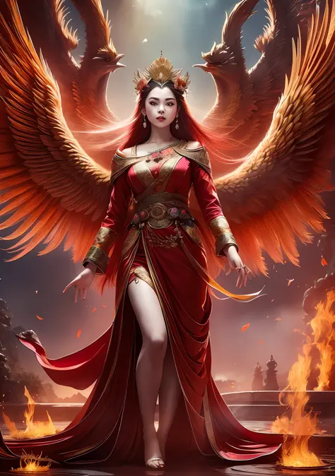 (masterpiece, best quality: 1.2), a girl with phoenix wings standing in a ring of fire, with glowing red eyes, phoenix, lotus fl...