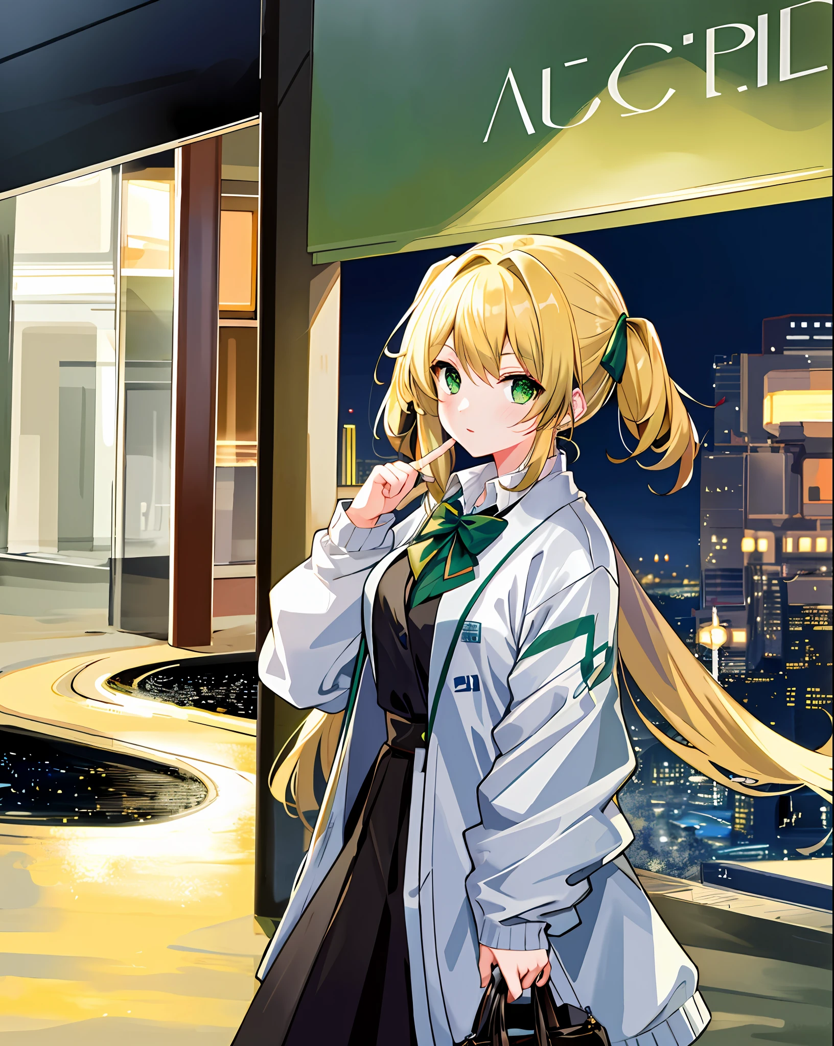 Science Fiction, Futuristic City, Day, (Masterpiece), (Ultra Detail), (Best Quality), Beautiful, 4K, One Girl, Cardigan, Blonde, Green Eyes, Twin Tails