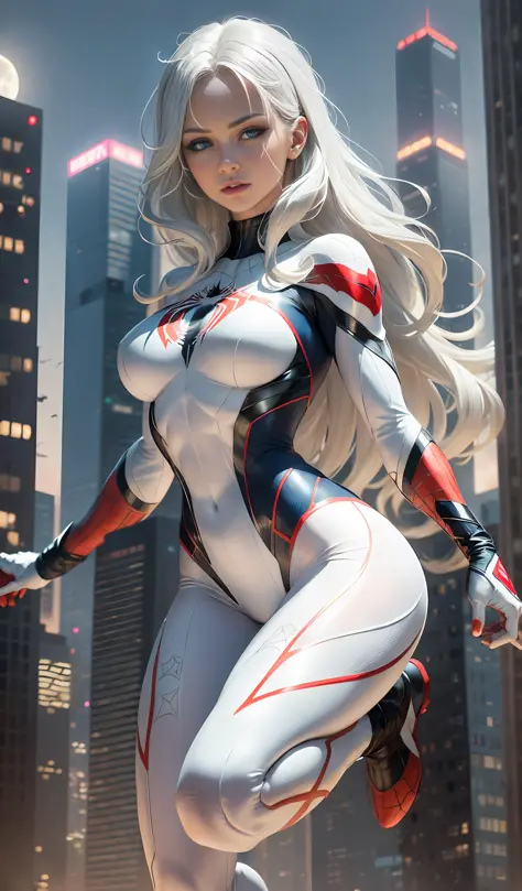 (Masterpiece, 4k resolution, ultra-realistic, very detailed), (White superhero theme, charismatic, there's a girl on top of town,cameltoe, wearing Spider-Man costume, she's a superhero), [ ((25 years), (long white hair:1.2), full body, (blue eyes:1.2), ((S...