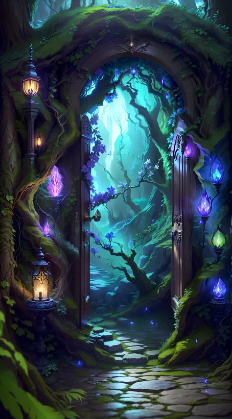 a close up of a doorway with a stone floor and a stone floor, enchanted magical fantasy forest, magical fantasy forest and moon light, enchanted and magic forest, magical forest backround, fantasy magical vegetation, magical environment, forest portal, mag...