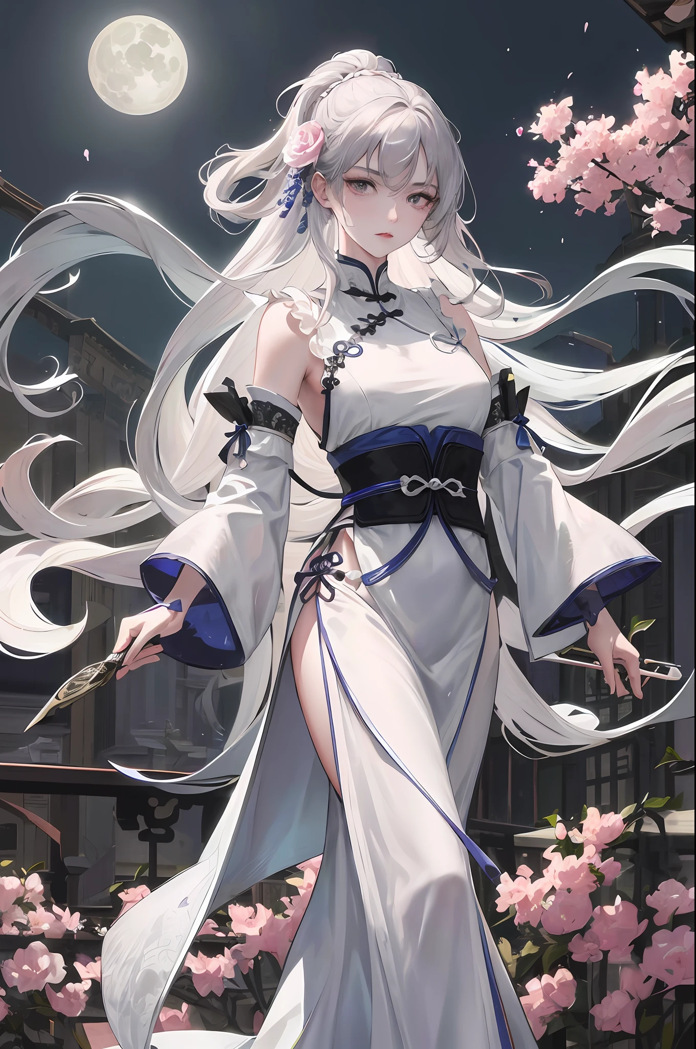 Masterpiece, Excellent, Night, Full Moon, 1 Woman, Mature Woman, Chinese Style, Antique China, Sister, Royal Sister, Cold Face, Expressionless, Silver-White Long-Haired Woman, Light Pink Lips, Calm, Intellectual, Three Bands, Gray Eyes, Assassin, Short Knife, Flower Ball Background, Walking in the Street View, Facial Details