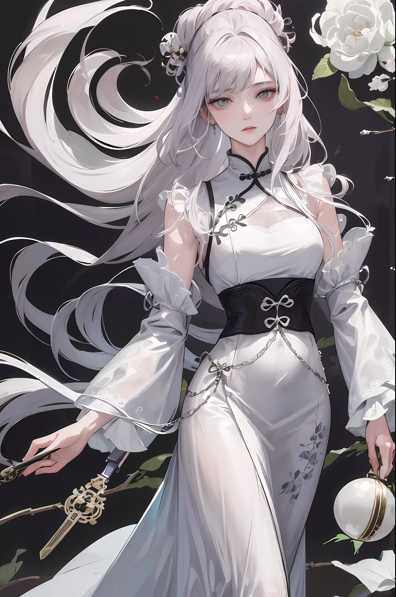 Masterpiece, Excellent, Night, Full Moon, 1 Woman, Mature Woman, Chinese Style, Antique China, Sister, Royal Sister, Cold Face, Expressionless, Silver-White Long-Haired Woman, Light Pink Lips, Calm, Intellectual, Three Bands, Gray Eyes, Assassin, Short Knife, Flower Ball Background, Walking in the Street View, Facial Details