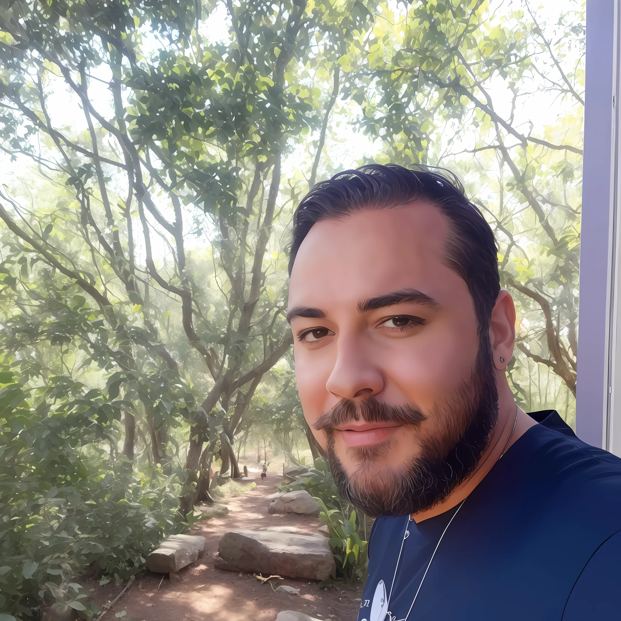 there is a cartoonish man with a beard and a necklace holding a cell phone, in front of a forest background, forrest in the background, trees in the background, 8k selfie photograph, with a tree in the background, forrest in the background, in front of an amazing forest, against the backdrop of trees, trees in the background, very low quality image,   Andres Rios