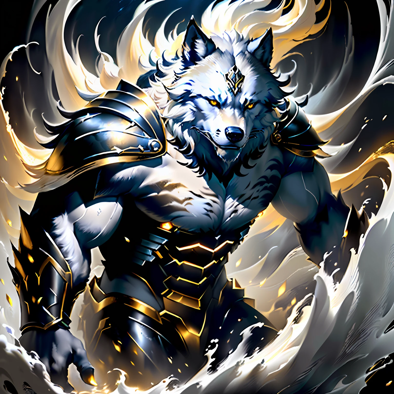 Beautiful cinematic realistic (oil painting:1.1) of a handsome (werewolf guardian , (samoyed:0.8)) , emerging, descending from ( a big misty dark ink splash on paper , silver and golden paint splash, dynamic lighting), hires, 8k, big detailed clear silver eyes, detailed body armor, 4 fingers, anthropomorphic,