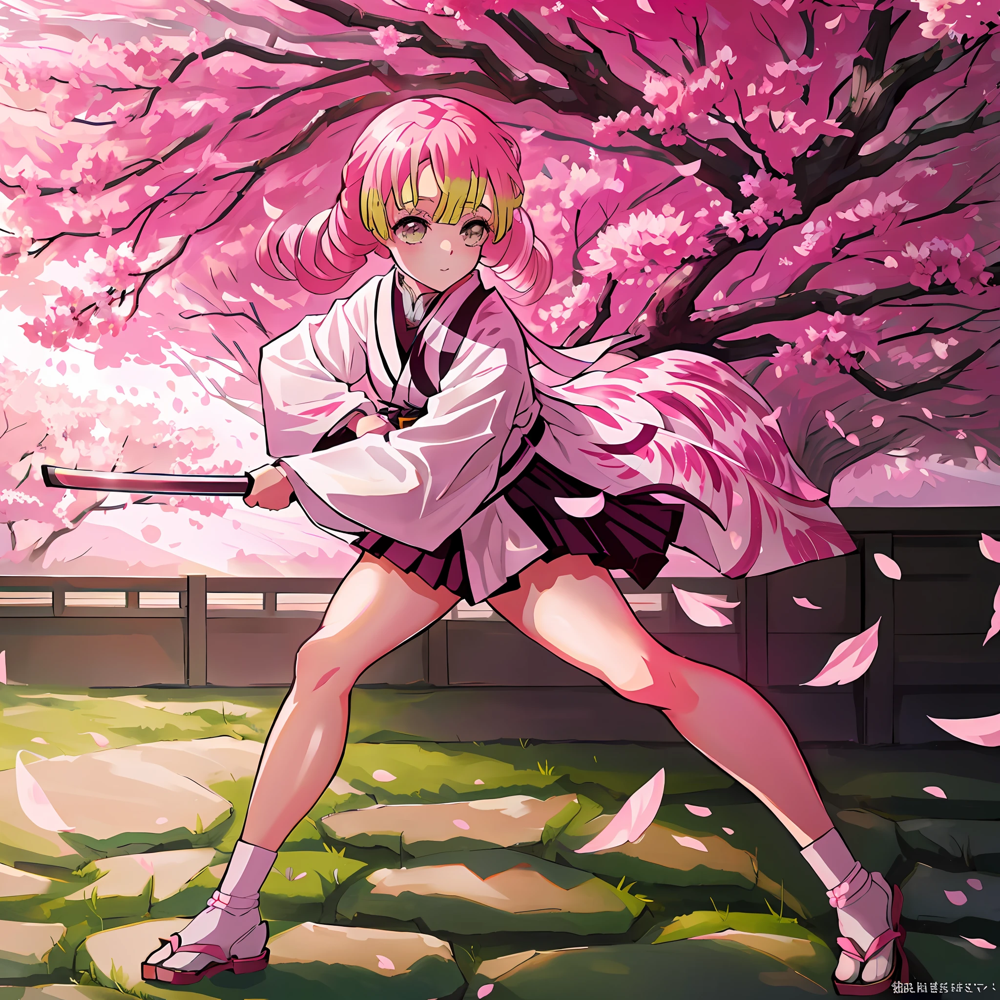 Anime girl with pink hair holding a sword in front of a tree - SeaArt AI