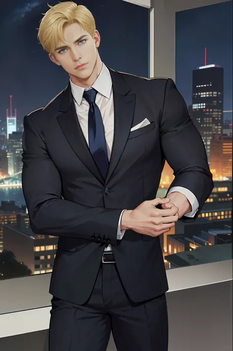 (absurdres, highres, ultra detailed, realistic, ), 1 male, solo, adult, mature, tall muscular guy, broad shoulders, handsome, very short hair, blonde hair, blue eyes, angular jaw, thick neck, thick eyebrows, night, dark, the night view of the city backgrou...