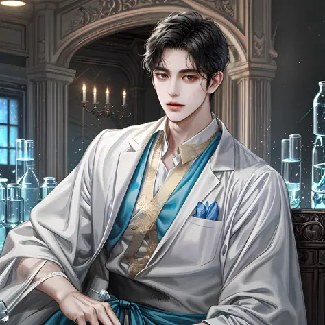 1 person, perfect looking man, handsome, black hair, king, background detail, lab scene, lab, water laboratory, laboratory, gown...