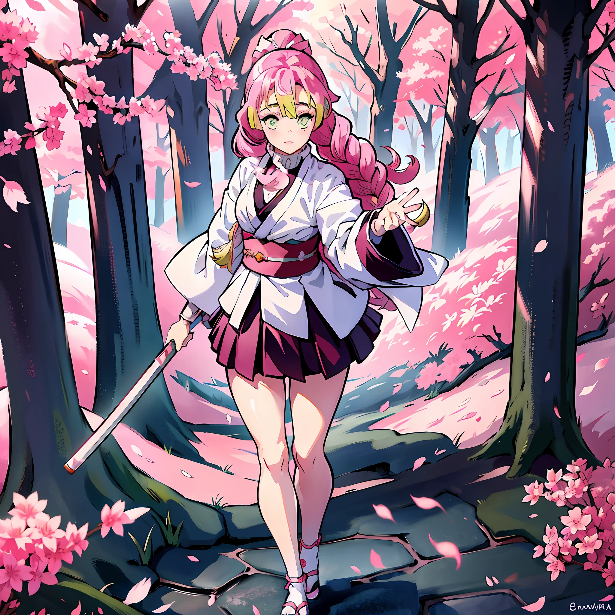 a girl in a sakura forest holding a katana, 1girl, beautyful, ultra detailed, kimetsu no yaiba, cute, solo, fullbody, good anatomy, standing, katana, beautyful body, sakura forest, beautyful legs, beautyful face, high quality, anime, beautyful background, beautyful, kimono, masterpiece, detailed hand, detailed legs, detailed face, detailed katana