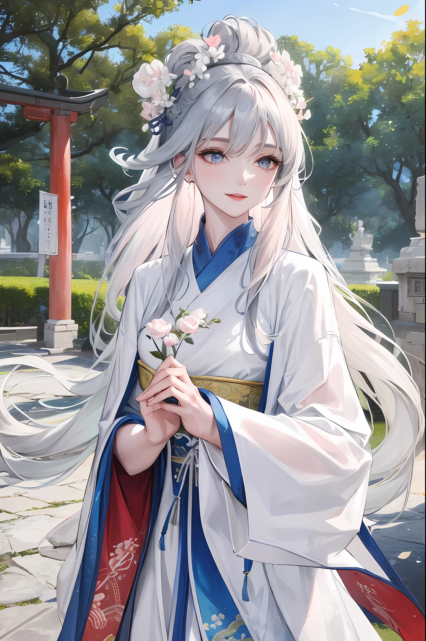 Masterpiece, Superb Piece, Daytime, Outdoor, Festival, Celebration, 1 Woman, Solo, Mature Woman, Mature, Chinese Style, Ancient China, Sister, Royal Sister, Happy, Smile, Silver White Long Haired Woman, Gray Blue Eyes, Shawl, Bangs, Pale Pink Lips, White Clothes,