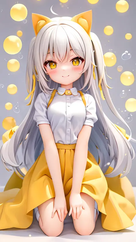 Cat-eared girl, young girl, yellow and white color scheme, sideways, kneeling position, hands between legs, squinting smile, whi...