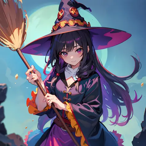 anime girl in a witch costume holding a broom and a broom, witch girl, beautiful wizard, flirty anime witch casting magic, bright witch, witch, portrait of a young witch girl, witch academia, classical witch, a witch, guweiz, pretty sorceress, black - hair...