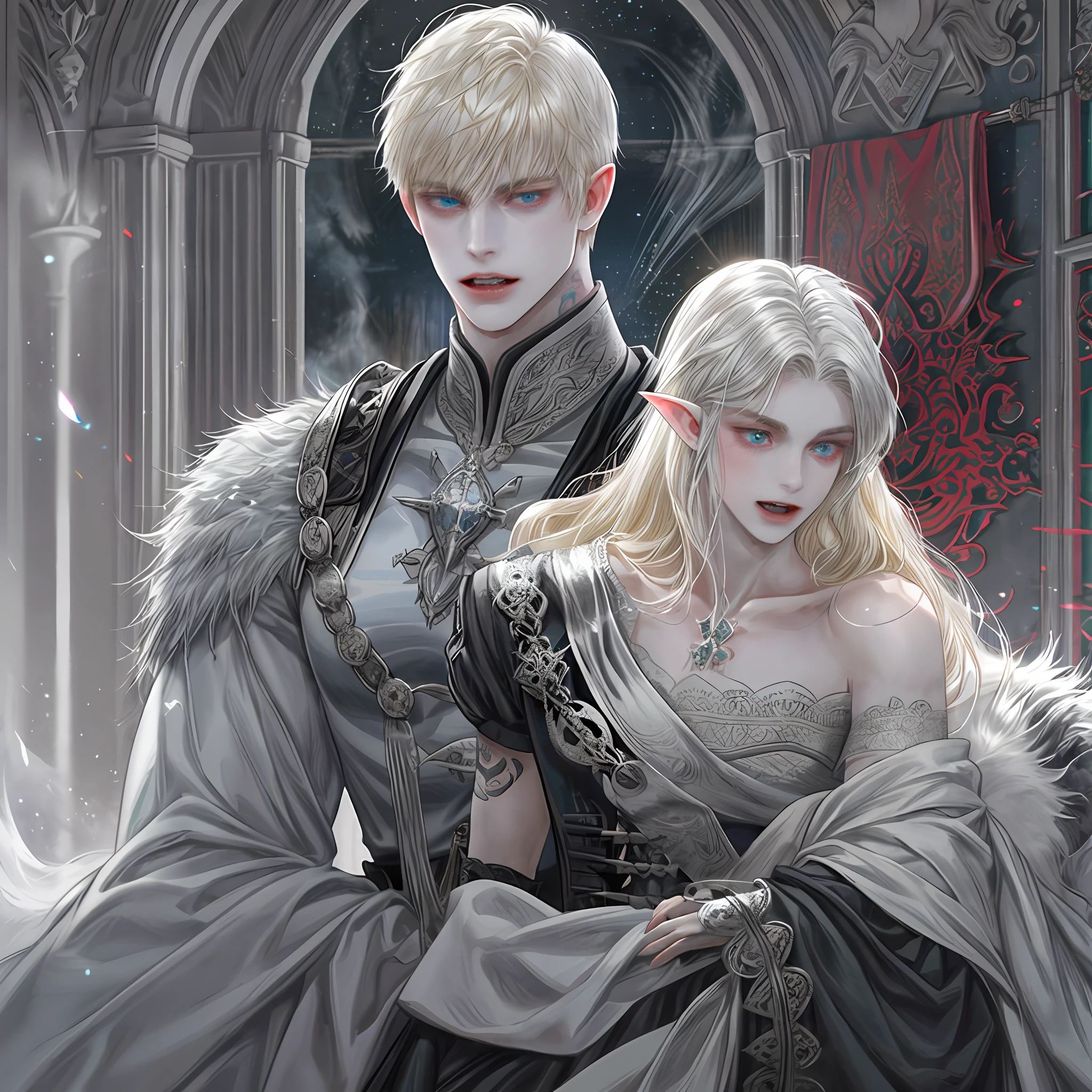 1 male, handsome, pale skinned, wolf ears, (24-year-old male figure), royal, light blonde hair (low hair), 1 blue eye, 1 red eye, open mouth (see sharp fangs), elf ears, waiting for a wolf tattoo on the left chest, nude, with a six-pack, muscles, background detail, castle, silver forest ma, dark black smoke vapor, evil power