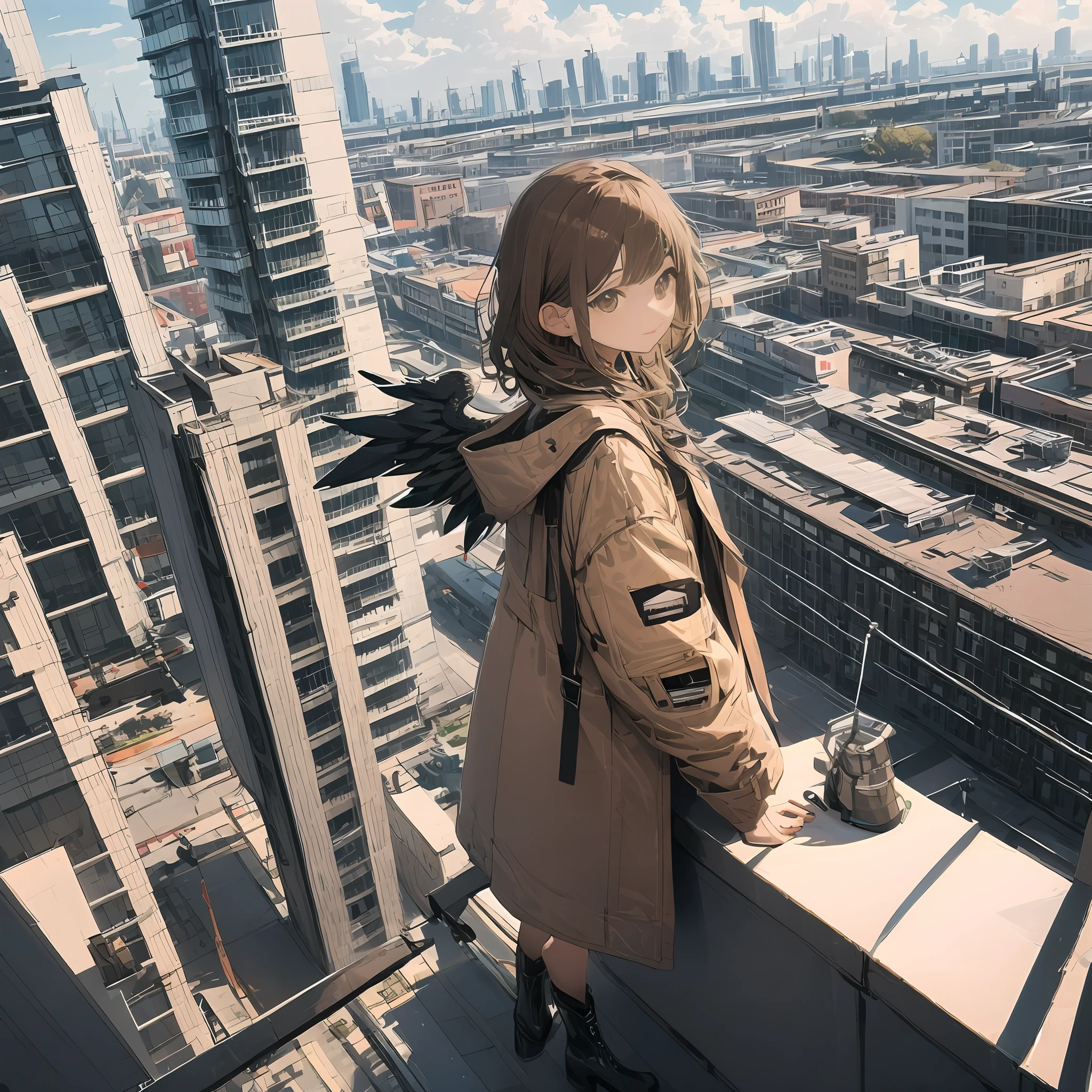 (masterpiece, best quality),from above , 1girl, solo, (feathered wings:1.2), billboard, brown eyes, brown hair, building, city, cloudy sky, coat, boots, crane \(machine\), dutch angle, from side, light frown, looking at viewer, outdoors, rooftop, sky, skyscraper