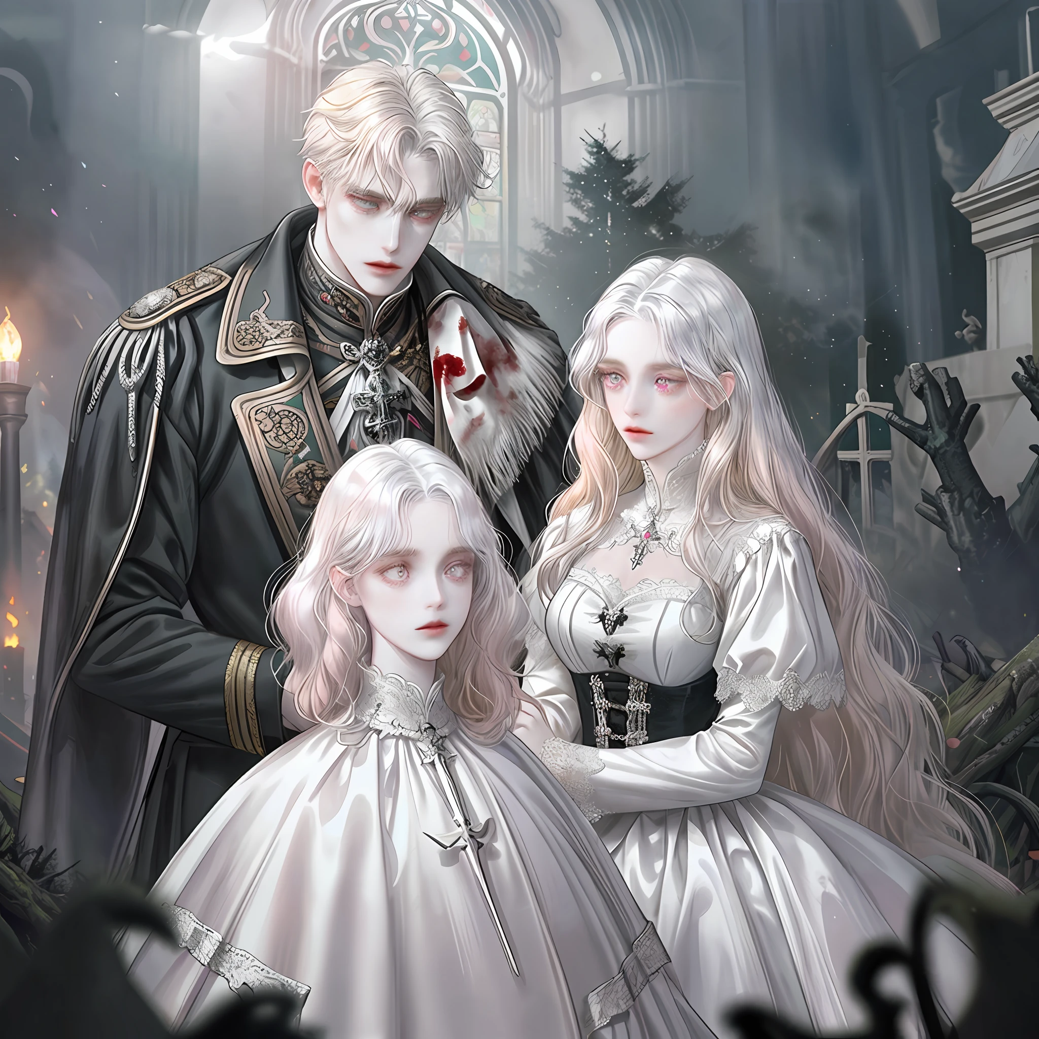 2 people, 1 woman, 1 man (twins), Facing posture, Pale white skin, Beautiful face, Slim body, Perfect looking, Big eyes, Light pink eyes, Long curly hair silver blonde, Saint, Background detail, fallen church, Ghost town, At night, House fire, Collapse, Dense forest, Withered trees, People falling, Blood, Corpse, Chained,