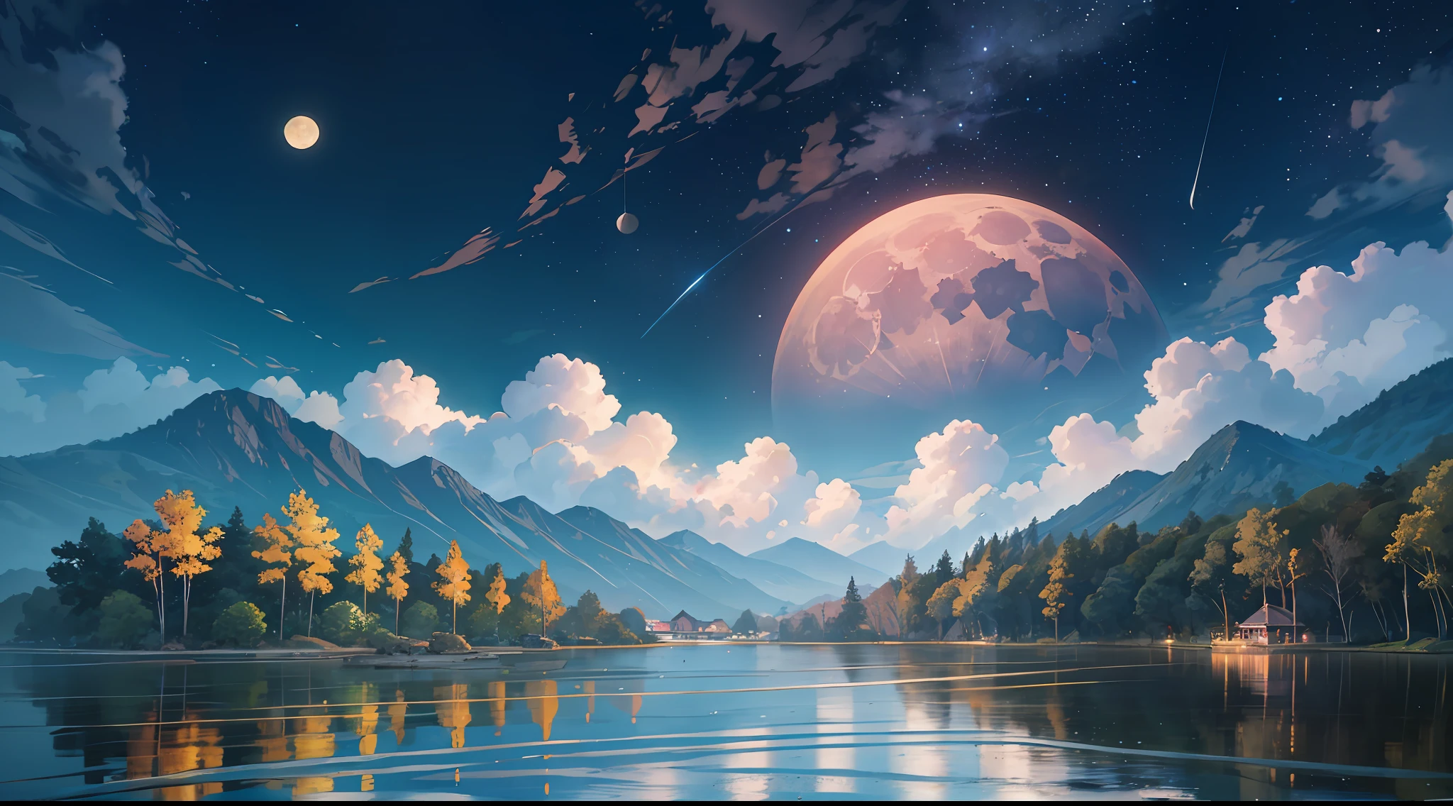 A painting of a full moon over a lake with trees - SeaArt AI