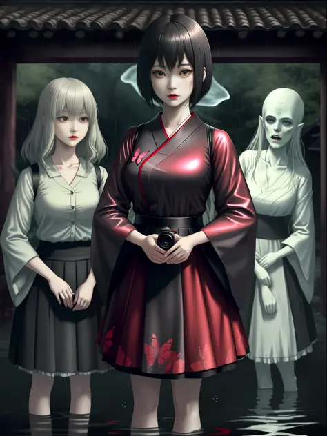 Fatal Frame Crimson butterfly, Terror, Full body photo, ((1 woman and a ghost of a zombie/ghost woman with the decaying body beh...