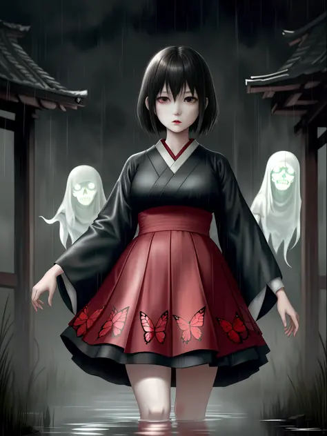 fatal frame crimson butterfly, terror, full body photo, ((1 woman and a ghost of a zombie/ghost woman with the decaying body beh...