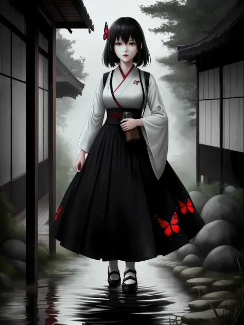 Fatal Frame Crimson butterfly, Terror, Full body photo, ((1 woman and a ghost of a zombie/ghost woman with the decaying body beh...