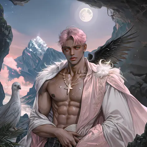 1 man, angel (4 wings), dark face, handsome, dark skinned, bare-chested, bouncing, star necklace, pink, six-pack, nipple piercin...