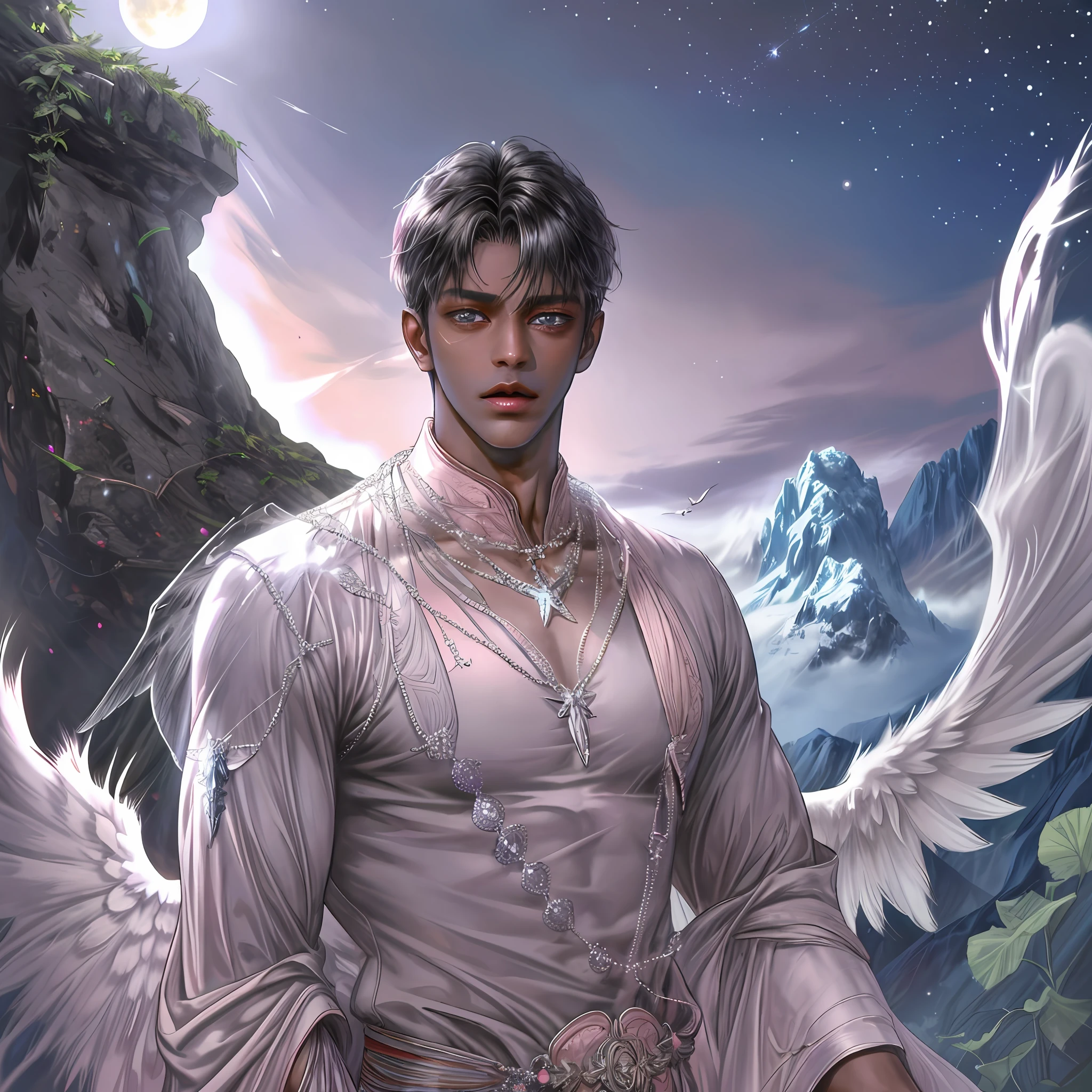 1 man, angel (4 wings), dark face, handsome, dark skinned, bare-chested, bouncing, star necklace, pink, six-pack, nipple piercing, dull, sweat, background detail, valley, large bird's nest, cave, sky, mountain peak, moon, daytime