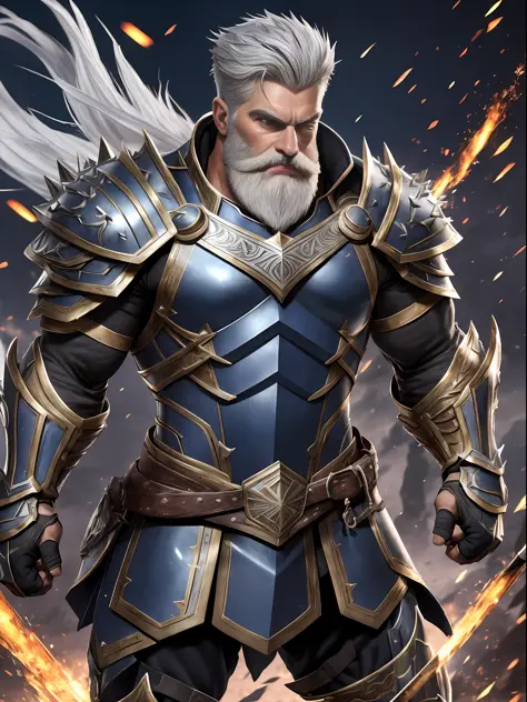 Alistair: man, Imposing and athletic presence, Gray hair, short and well groomed, Penetrating and intense eyes, of deep blue color, Tight beard, well trimmed, which gives him a masculine air, Skin slightly tanned, with subtle marks of battle, Striking and ...