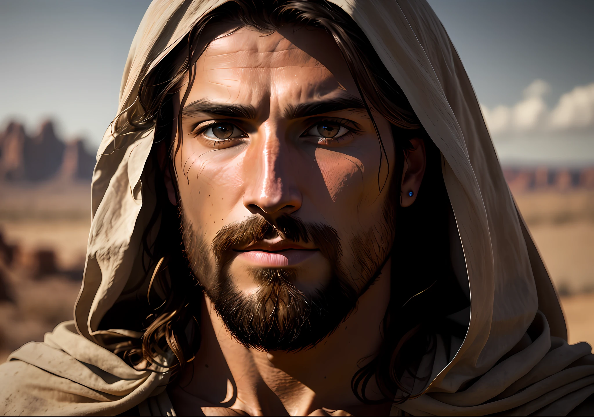 JESUS CHRIST PHOTO clear: realistic epic, smooth cinematic portrait, highly resalist, with rocky desert background, light brown eyes adobe lightroom, photographic laboratory, highly detailed, faded, (neutral colors: 1.2), (hdr: 1.4), (soft colors:1.2), hyperdetailed, (artstation:1.4), cinematic, warm lights, dramatic light, (intricate details:1.1), complex background, (rutkowski:0.66), (blue and orange:0.4)