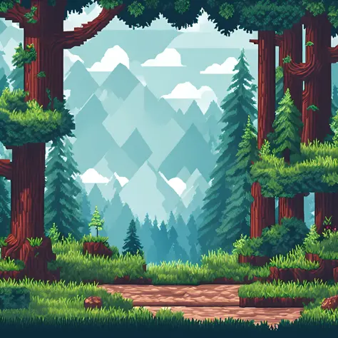 2d retro gaming platform with 32-bit resolution and realistic pixel art. beautiful forest background with ring in the foreground...