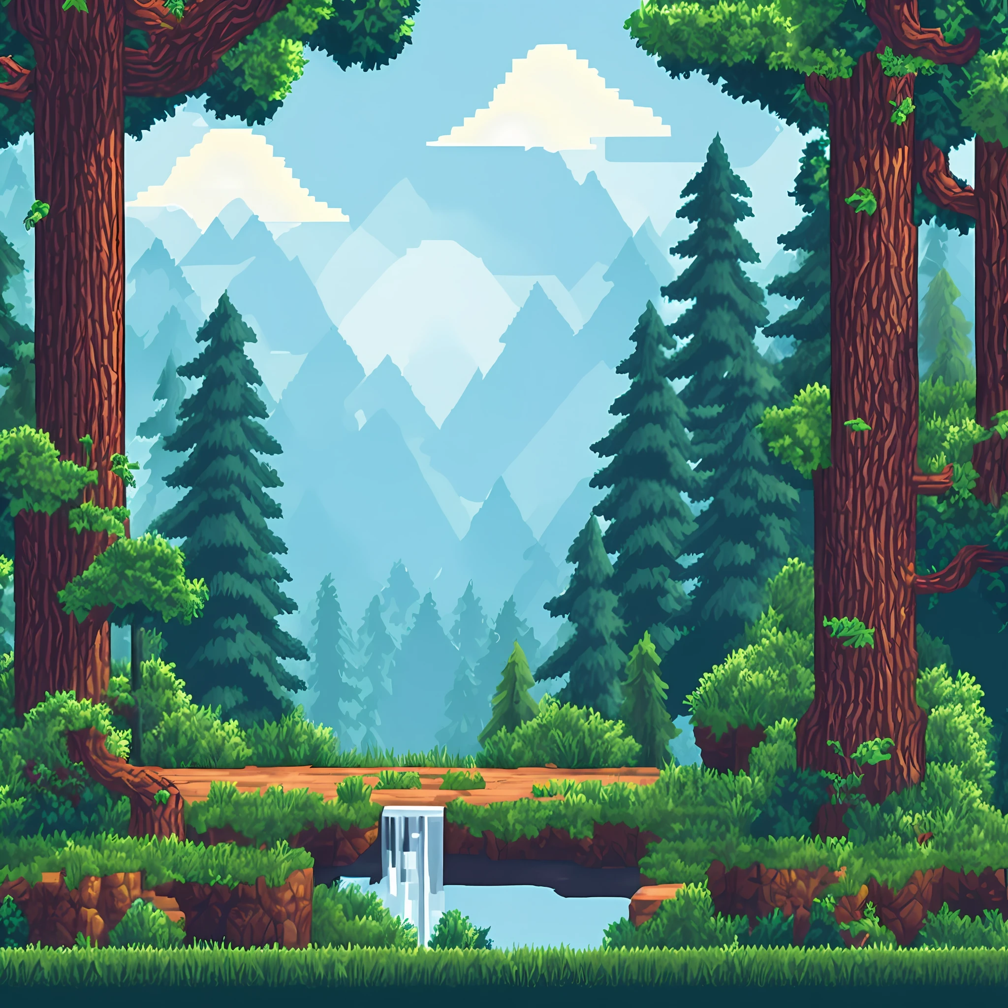 2D retro gaming platform with 32-bit resolution and realistic pixel art. Beautiful forest background with ring in the foreground. Official retro video game scenario.