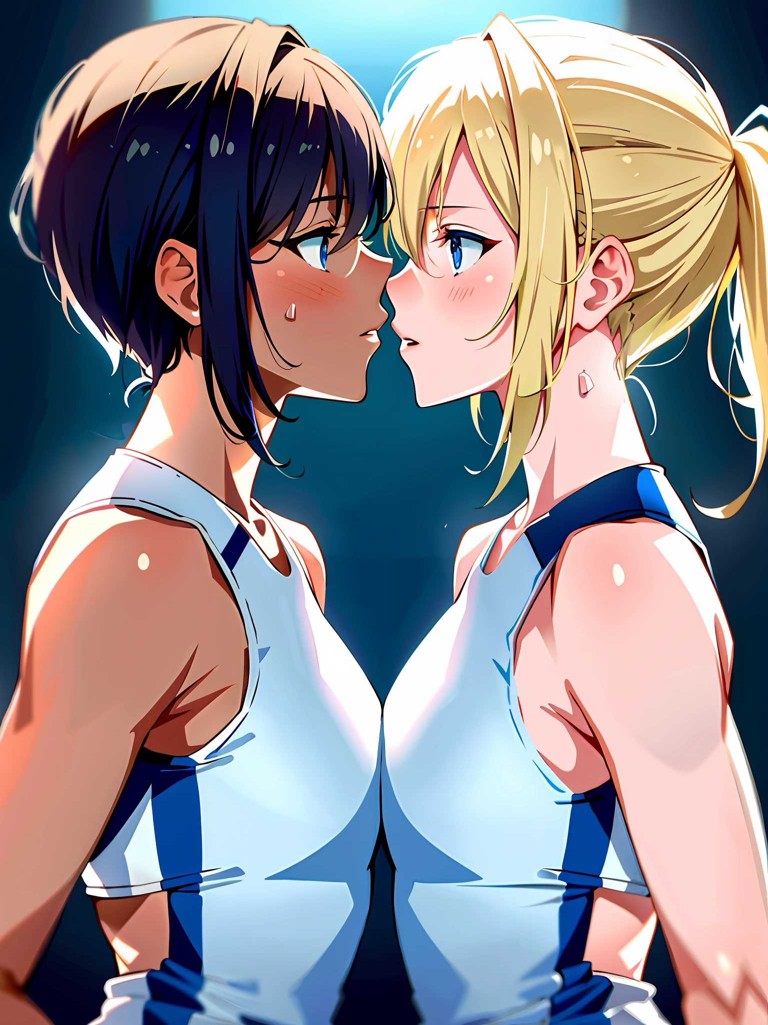 2woman kissing side by side, in white and blue volleyball suits, sleeveless, at the same height, (a brunette, tanned) (a blonde), small, sweaty breasts, masterpiece, best quality, amazing shadows, detailed background, seide shot