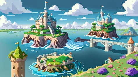 a close up of a cartoon castle on a grassy field, island background, game background, pixel art animation, made in rpg maker, vi...