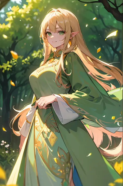 (((Masterpiece, Best Quality, Super Detail))), ((Very delicate and beautiful)), ((Beautiful delicate face)), One woman, beautiful blonde long straight hair, fine bright green eyes, long ears, fine green cloak armor, smile, forest, sunlight through trees, w...