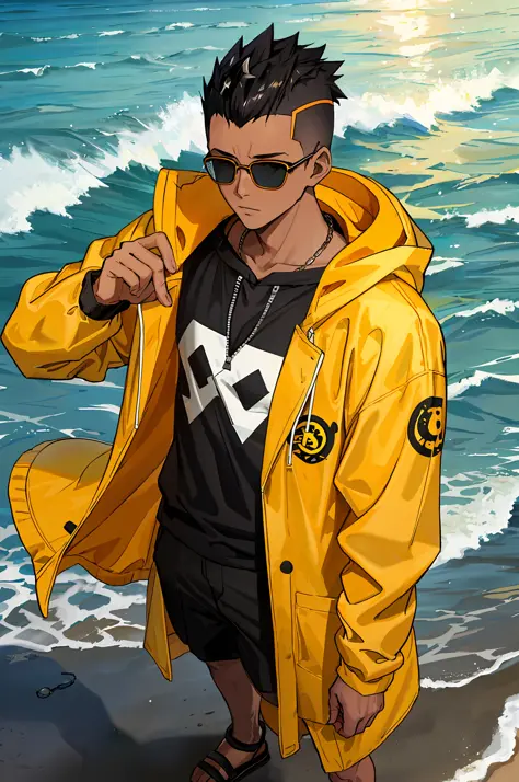 man at the beach, muscles, yellow raincoat bape hoodie orange ,light dark skin ,circle eyewear , Enjoy , mohawk haircut his hair...