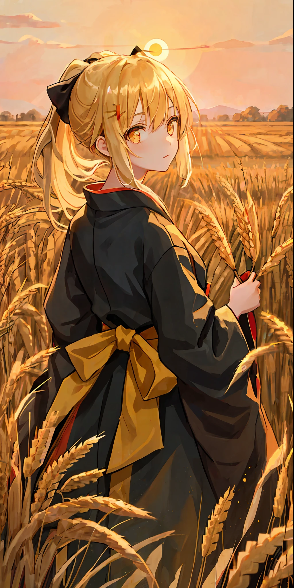 Una chica con un kimono y una mirada inexpresiva se encuentra hasta la cintura en un campo de trigo., un kimono negro con bordes dorados, su cabello está recogido en una cola de caballo, ojos amarillos, el atardecer se refleja en sus ojos, la luz cae sobre su rostro, ella está volteada, tirando un tallo de trigo en sus manos