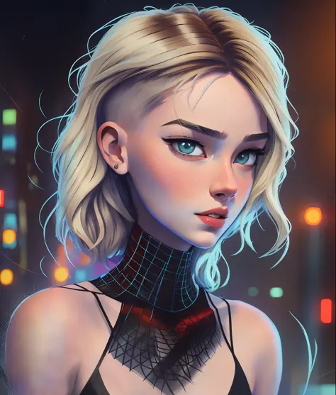 ((masterpiece)), (cinematic lighting), a close-up, beautiful stylized illustration of gwen_stacy, with a sidecut, asymetrical bl...