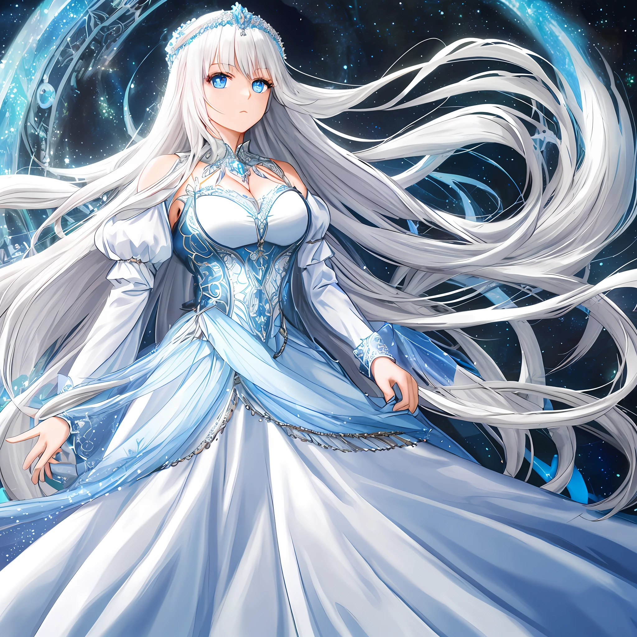 A beautiful goddess with long white hair and blue eyes, wearing an extremely beautiful strap and a white dress is extremely perfect