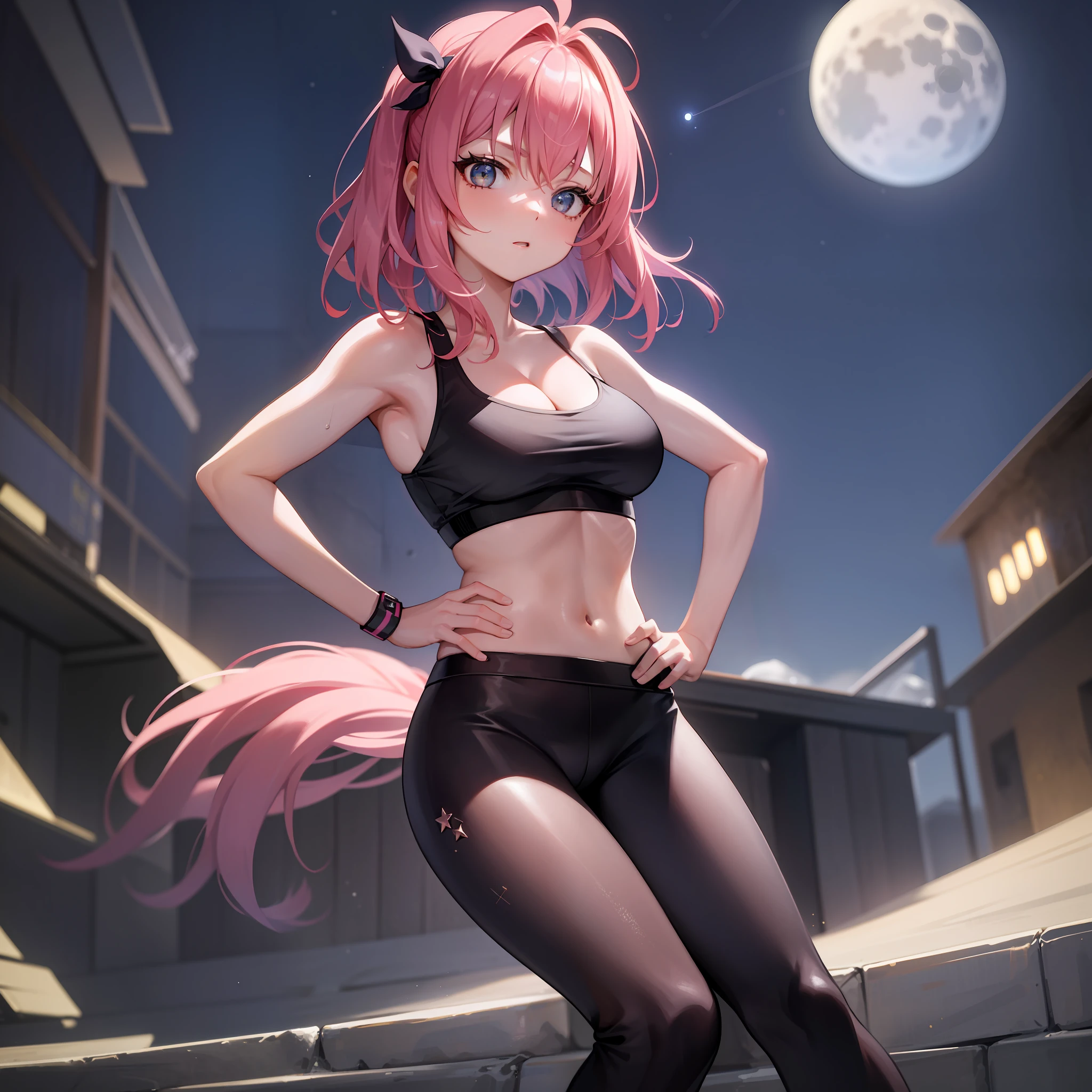 Masterpiece, best quality, absurdres, perfect anatomy, 1girl, solo, pink hair, short hai, black sports bra, cleavage, , black leggings, bubble butt, muscular, hands on hips, rooptop, night, sky scenary, full moon, stars,