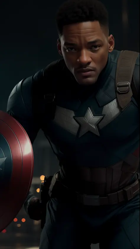 .Tarantino style Will Smith as Captain America 8k, high definition, detailed face, detailed face, detailed eyes, detailed suit, in style of marvel and dc, hyper-realistic in the style of pursuit by gesaffelstein, photorealistic, cinematic lighting, dark at...