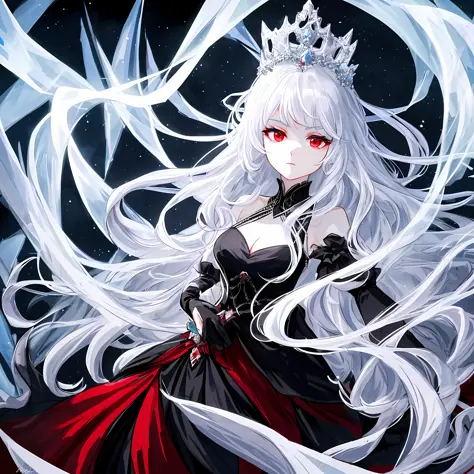 a beautiful lady from the ice kingdom, with her beautiful long white hair and her beautiful red eyes, she is wearing her beautif...