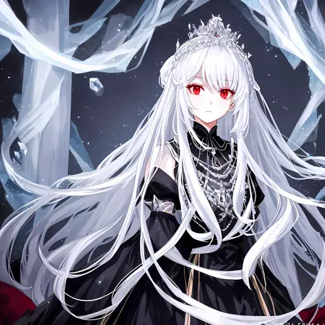 a beautiful lady from the ice kingdom, with her beautiful long white hair and her beautiful red eyes, she is wearing her beautif...